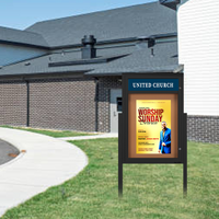 EXTREME WeatherPlus Radius Edge Outdoor Enclosed Bulletin Board Stand | Shown in Black Finish in Landscape orientation