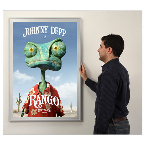 27x39 MOVIE POSTER FRAME SHOWN in SATIN SILVER FRAME with SILVER MATBOARD (NOT TO SCALE)