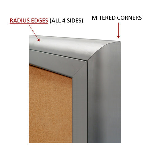 3-DOOR ILLUMINATED CORKBOARD 84" x 30" w/ HEADER RADIUS EDGES WITH MITERED CORNERS (SHOWN IN SATIN SILVER)
