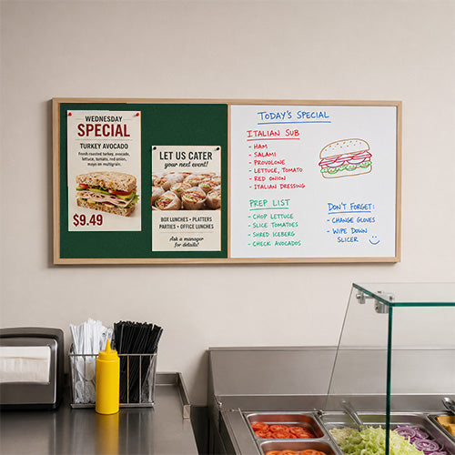 Value Line Combo Board 36x12 Wood Framed Cork Bulletin Marker Board (Open Face with Wood Trim)