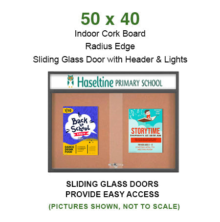 50 x 40 Indoor Bulletin Cork Boards with Personalized Header & Lights (RADIUS EDGE) (2 Sliding Glass Doors)