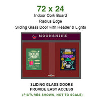 72 x 24 Indoor Bulletin Cork Boards with Personalized Header & Lights (RADIUS EDGE) (2 Sliding Glass Doors)