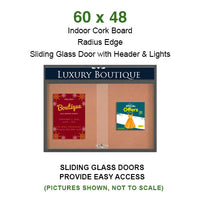 Indoor Enclosed Bulletin Cork Boards 60x48 with Personalized Message Header and 2 Sliding Glass Doors