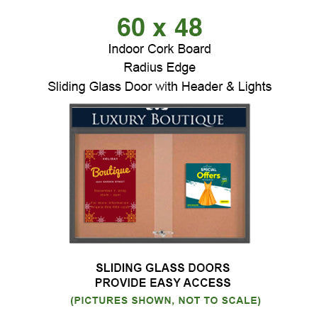 Indoor Enclosed Bulletin Cork Boards 60x48 with Personalized Message Header and 2 Sliding Glass Doors