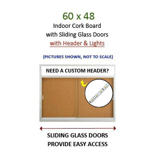 2-Door Bulletin Boards Sliding Glass Doors | Indoor Enclosed Cork Board 60x48 Lighted with Message Header