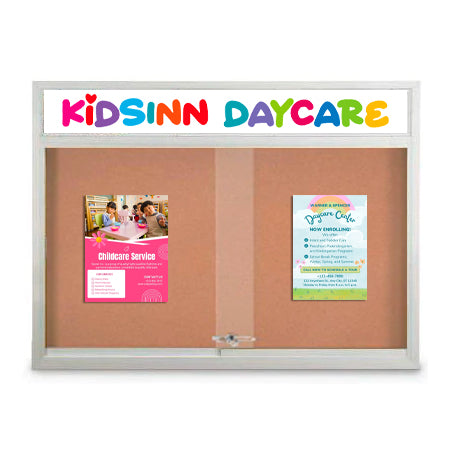 Indoor 48 x 36 Bulletin Cork Boards with Personalized Header & Lights (2 Sliding Glass Doors)