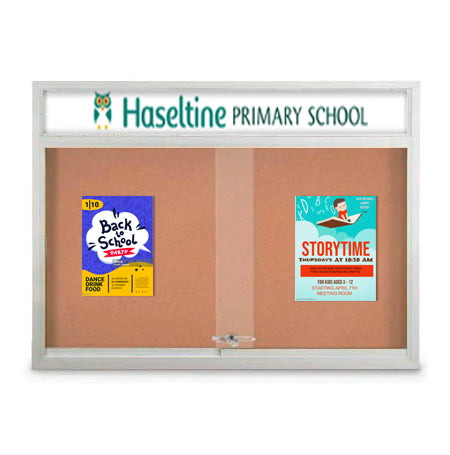 Indoor 84 x 48 Bulletin Cork Boards with Personalized Header & Lights (3 Sliding Glass Doors)