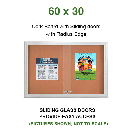 Indoor Enclosed Bulletin Cork Boards 60 x 30 with Sliding Glass Doors (with RADIUS EDGE)