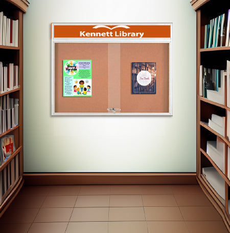Indoor Bulletin Cork Boards 60x48 with Personalized Header (RADIUS EDGE) (Sliding Glass Doors)