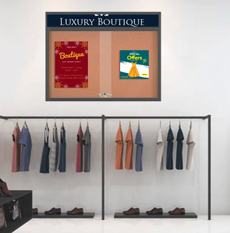 Indoor Bulletin Cork Boards 96x30 with Personalized Header (RADIUS EDGE) (Sliding Glass Doors)