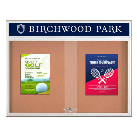 48 x 36 Indoor Bulletin Cork Boards with Personalized Header & Lights (RADIUS EDGE) (2 Sliding Glass Doors)