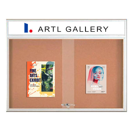 50 x 40 Indoor Bulletin Cork Boards with Personalized Header & Lights (RADIUS EDGE) (2 Sliding Glass Doors)