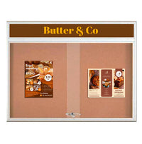 60 x 48 Indoor Bulletin Cork Boards with Personalized Header & Lights (RADIUS EDGE) (2 Sliding Glass Doors)