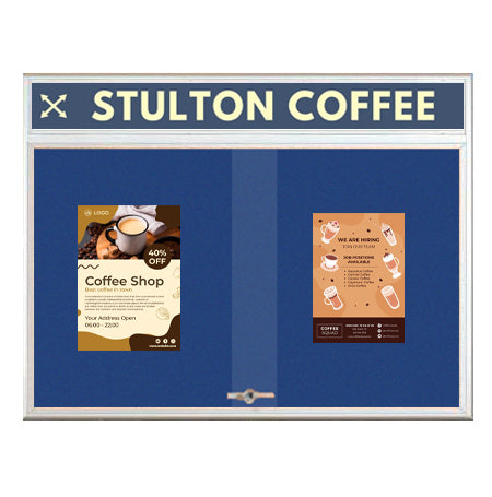 72 x 30 Indoor Bulletin Cork Boards with Personalized Header & Lights (RADIUS EDGE) (2 Sliding Glass Doors)