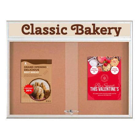 72 x 48 Indoor Bulletin Cork Boards with Personalized Header & Lights (RADIUS EDGE) (2 Sliding Glass Doors)