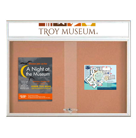 84 x 30 Indoor Bulletin Cork Boards with Personalized Header & Lights (RADIUS EDGE) (3 Sliding Glass Doors)