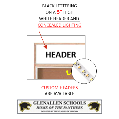 48x36 Indoor Enclosed Wood Enclosed Bulletin Boards with Sliding Glass Doors Header + Lights