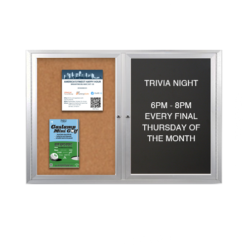 Enclosed 2-Door INDOOR Combo Board 48x60 | Cork Bulletin Board & FELT Letter Board