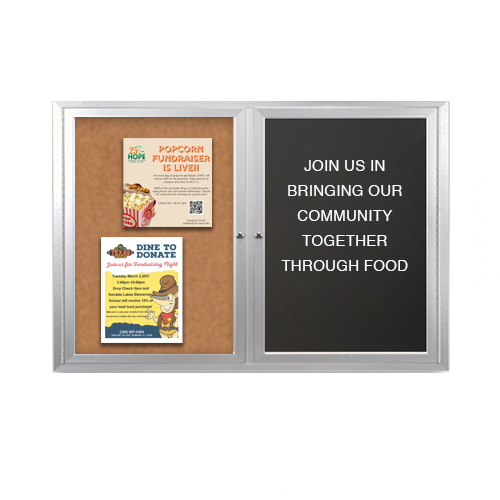 Indoor, Enclosed 2-Door Combo Board 60x24 | Cork Bulletin Board & Felt Letter Board | Metal Cabinet