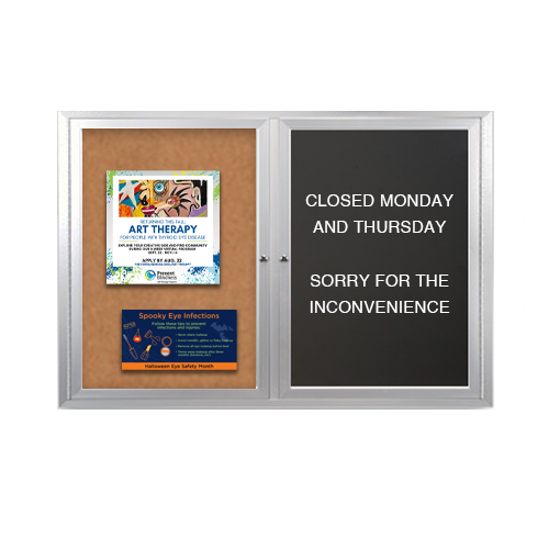 Enclosed 2-Door INDOOR Combo Board 72x24 | Cork Bulletin Board & FELT Letter Board
