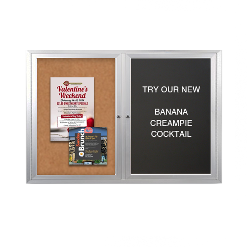 Enclosed 2-Door INDOOR Combo Board 84x36 | Cork Bulletin Board & FELT Letter Board