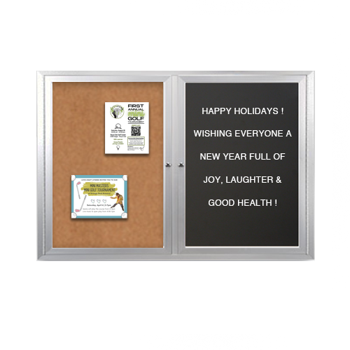 Enclosed 2-Door INDOOR Combo Board 96x24 | Cork Bulletin Board & FELT Letter Board