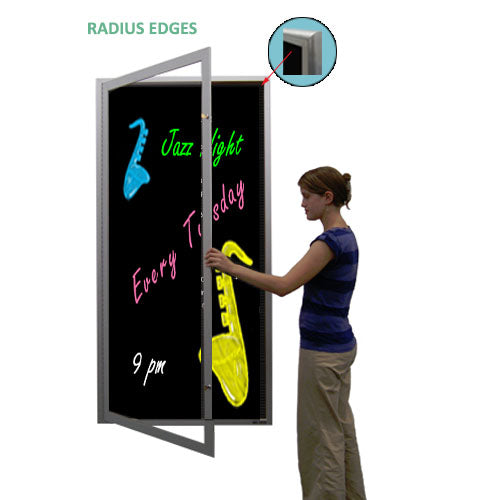 XL Outdoor Enclosed Dry Erase Markerboard with Radius Edge and Lights - Black Porcelain Steel