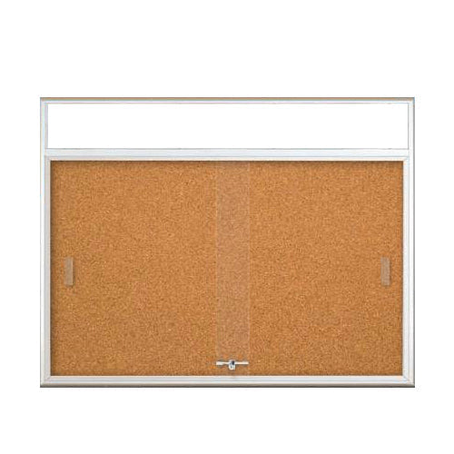 ENCLOSED BULLETIN 84" x 48" CORK BOARD (RADIUS EDGE) WITH SLIDING DOORS & PERSONALIZED HEADER