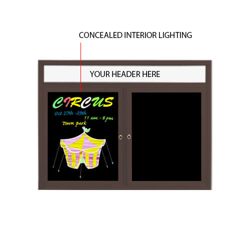 2 and 3 Door Enclosed Dry Erase Black Markerboard Lighted with Free Printed Personalized Message Header with Magnetic Black Porcelain on Steel Writing Surface