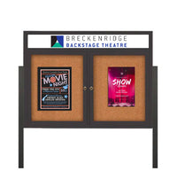 Freestanding 2 Door Enclosed Outdoor Bulletin Boards 72" x 30" Lighted w Message Header on Posts