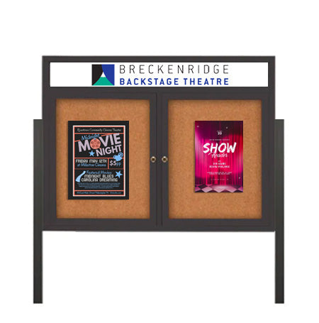 Freestanding 2 Door Enclosed Outdoor Bulletin Boards 72" x 30" Lighted w Message Header on Posts