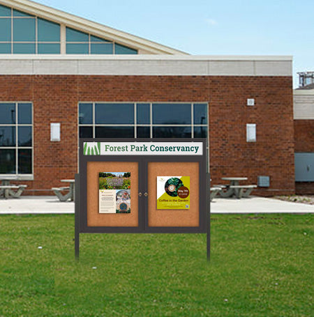 Freestanding 2 Door Enclosed Outdoor Bulletin Boards 72" x 30" Lighted w Message Header on Posts