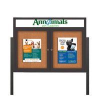 Freestanding 2 Door Enclosed Outdoor Bulletin Boards 72" x 36" Lighted w Message Header on Posts