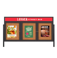 Freestanding 3 Door Enclosed Outdoor Bulletin Boards 84" x 30" Lighted w Message Header on Posts