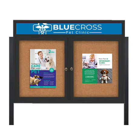 Outdoor Enclosed 72x30 Cork Bulletin Boards w Personalized HEADER (Radius Edge & Leg Posts) 2 DOORS