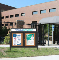 Outdoor Enclosed 72x30 Cork Bulletin Boards w Personalized HEADER (Radius Edge & Leg Posts) 2 DOORS
