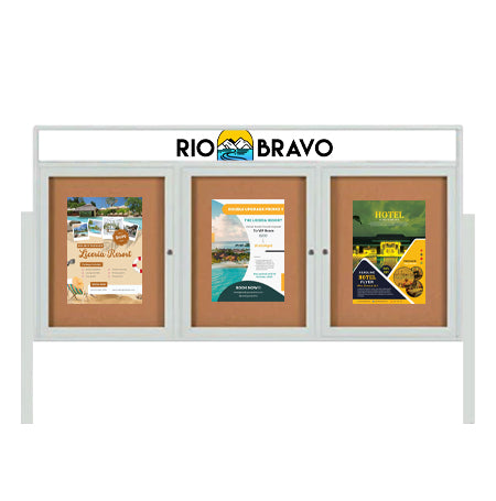 Outdoor Enclosed 84x30 Cork Bulletin Boards w Personalized HEADER (Radius Edge & Leg Posts) 3 DOORS