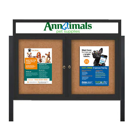 Outdoor Enclosed 96x48 Cork Bulletin Boards w Personalized HEADER (Radius Edge & Leg Posts) 2 DOORS