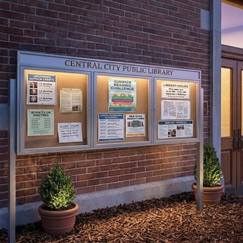 Outdoor Enclosed 84x30 Bulletin Cork Boards with ILLUMINATED HEADER (with Radius Edge & Leg Posts) (3 DOORS)