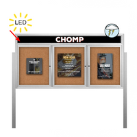 Outdoor Enclosed 96x30 Bulletin Cork Boards with ILLUMINATED HEADER (with Radius Edge & Leg Posts) (3 DOORS)