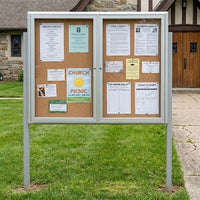 Radius Edge Outdoor Enclosed Lighted Bulletin Cork Board Displays 2 Posts | 2 & 3 Door | 35+ Sizes - Satin Silver Finish