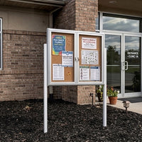 Outdoor Enclosed 40x40 Bulletin Cork Boards with Lights (with Radius Edge & Leg Posts) (2 DOORS) - Satin Silver Finish