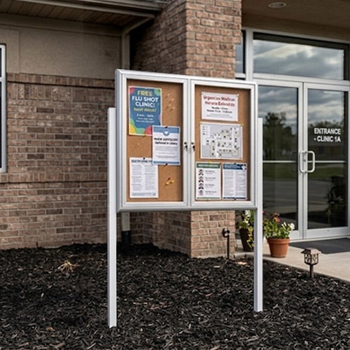 Outdoor Enclosed 40x40 Bulletin Cork Boards with Lights (with Radius Edge & Leg Posts) (2 DOORS) - Satin Silver Finish