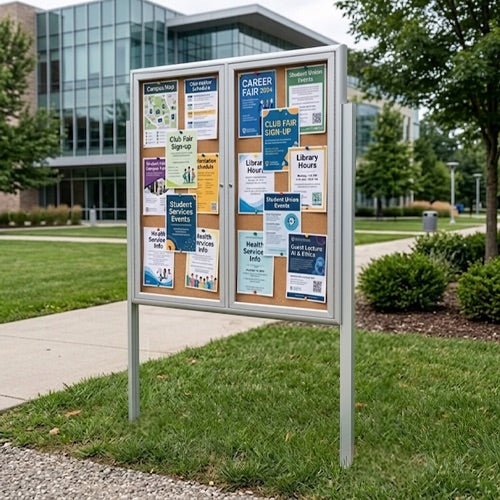 Outdoor Enclosed 40x50 Bulletin Cork Boards with Lights (with Radius Edge & Leg Posts) (2 DOORS) - Satin Silver Finish
