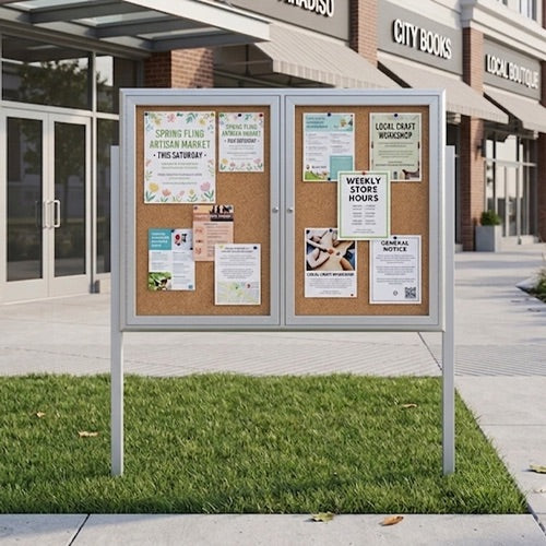 Outdoor Enclosed 42x32 Bulletin Cork Boards with Lights (with Radius Edge & Leg Posts) (2 DOORS) - Satin Silver Finish