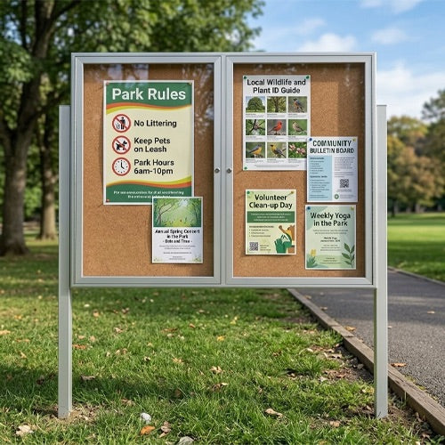 48x36 Free-Standing Outdoor Cork Bulletin Board with LED Lights and Radius Edge Corners - Two Door - Satin Silver Finish