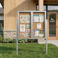 Outdoor Enclosed 48x48 Bulletin Cork Boards with Lights (with Radius Edge & Leg Posts) (2 DOORS) - Satin Silver Finish
