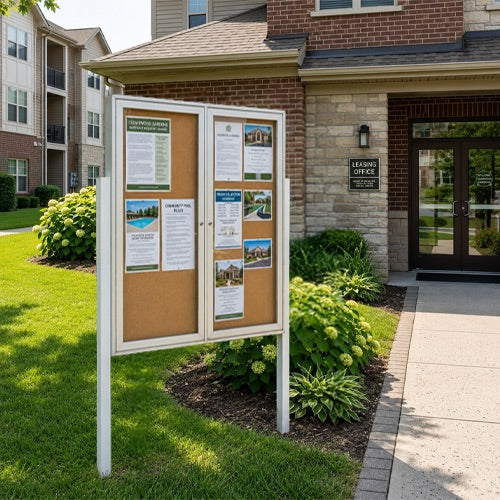 Outdoor Enclosed 48x60 Bulletin Cork Boards with Lights (with Radius Edge & Leg Posts) (2 DOORS) - Satin Silver Finish
