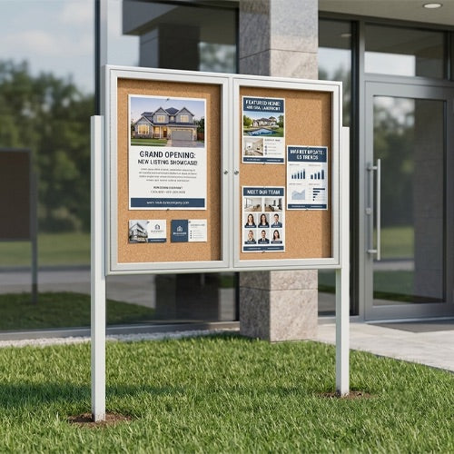 Outdoor Enclosed 50x40 Bulletin Cork Boards with Lights (with Radius Edge & Leg Posts) (2 DOORS) - Satin Silver Finish