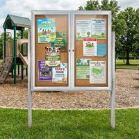Outdoor Enclosed 50x50 Bulletin Cork Boards with Lights (with Radius Edge & Leg Posts) (2 DOORS) - Satin Silver Finish